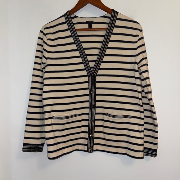 🖤🤍 J.Crew Navy & Ivory Striped Button-Front Cardigan Sweater | Medium - Picture 4 of 12